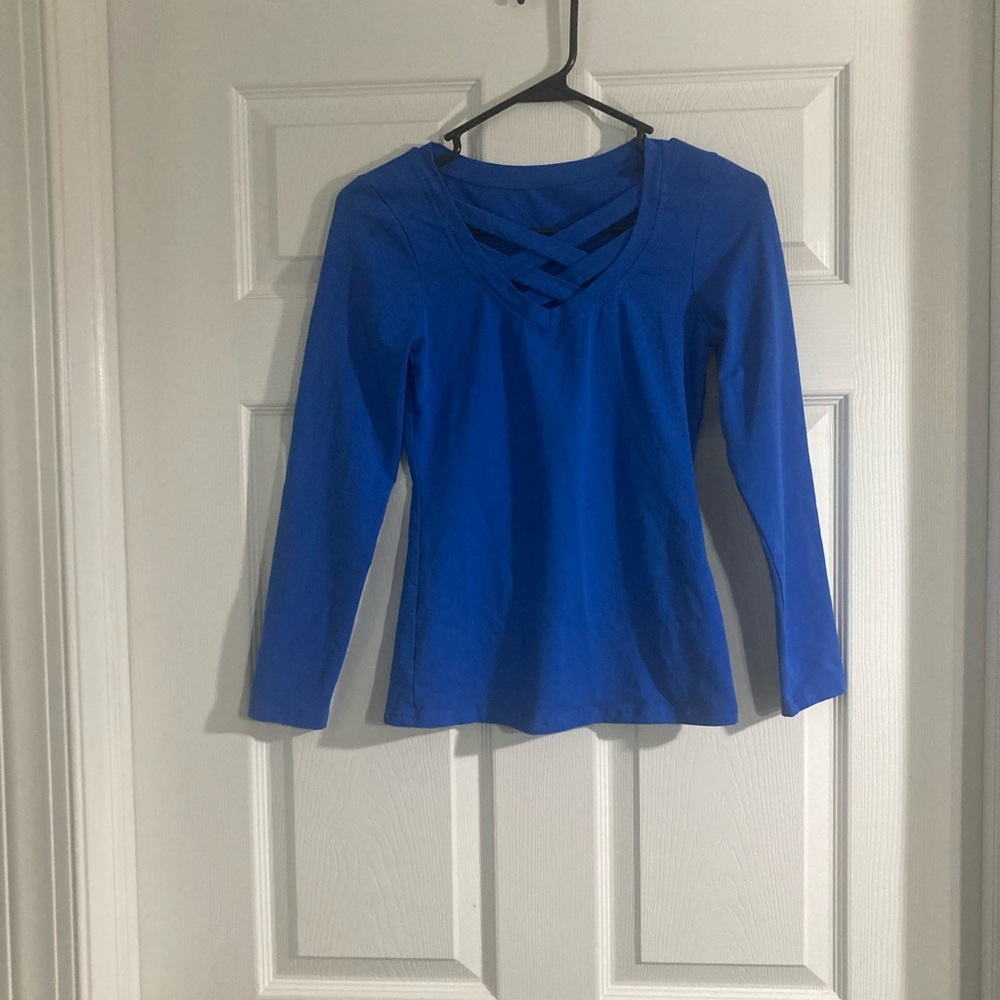 Blue Long Sleeve V-neck Tee, Size S